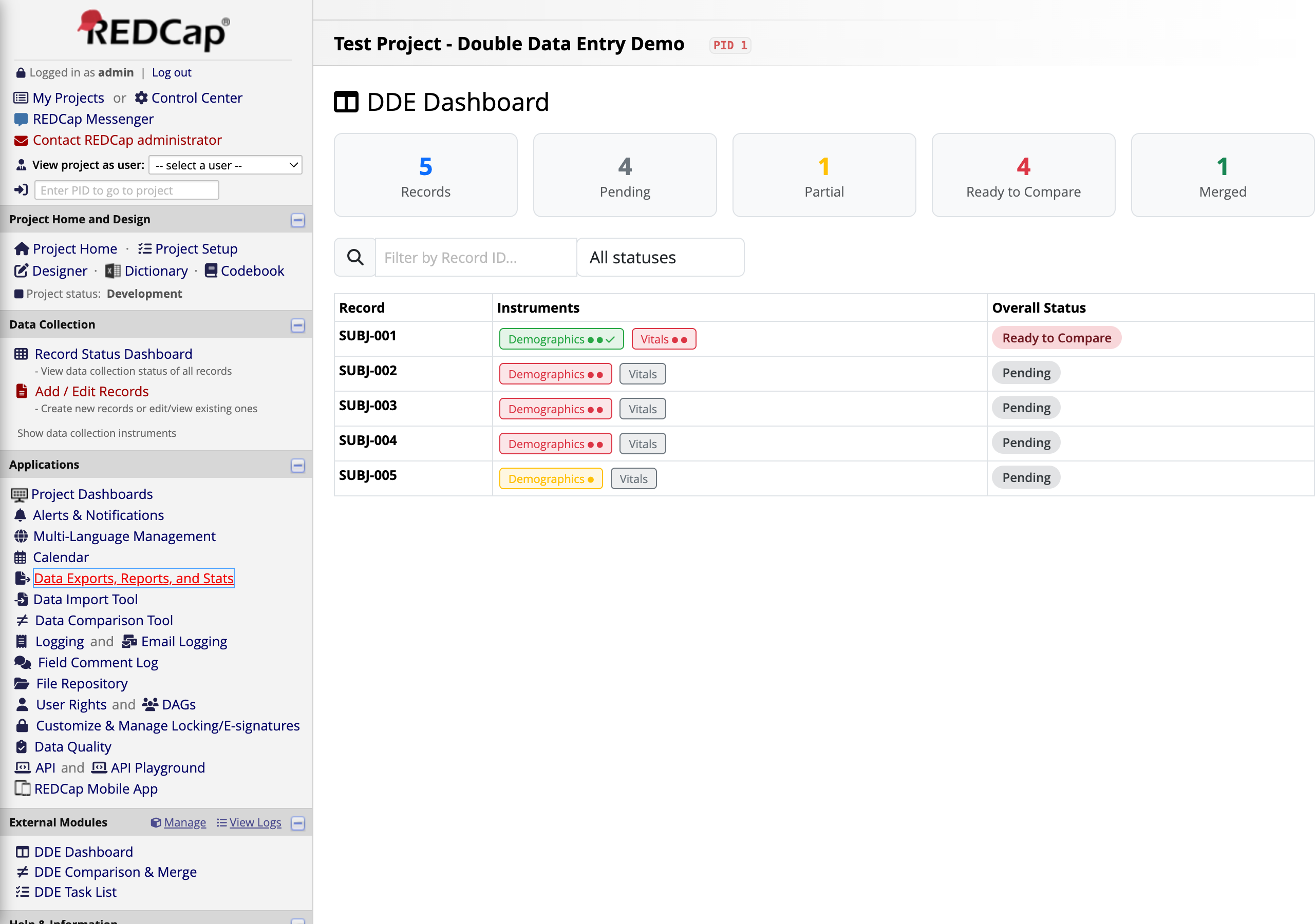 DDE Dashboard showing 5 records with status indicators