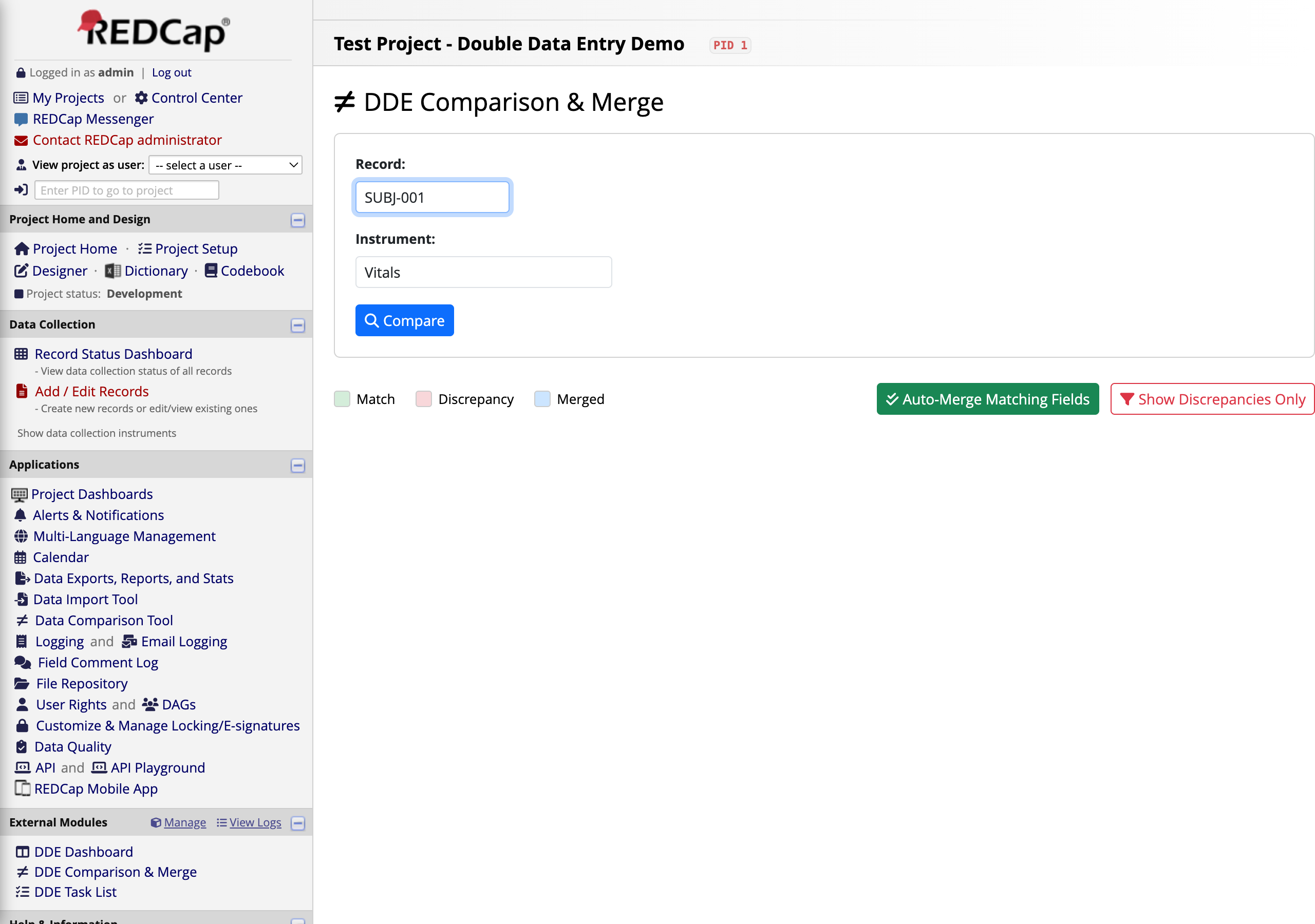 Compare form with SUBJ-001 and Vitals selected