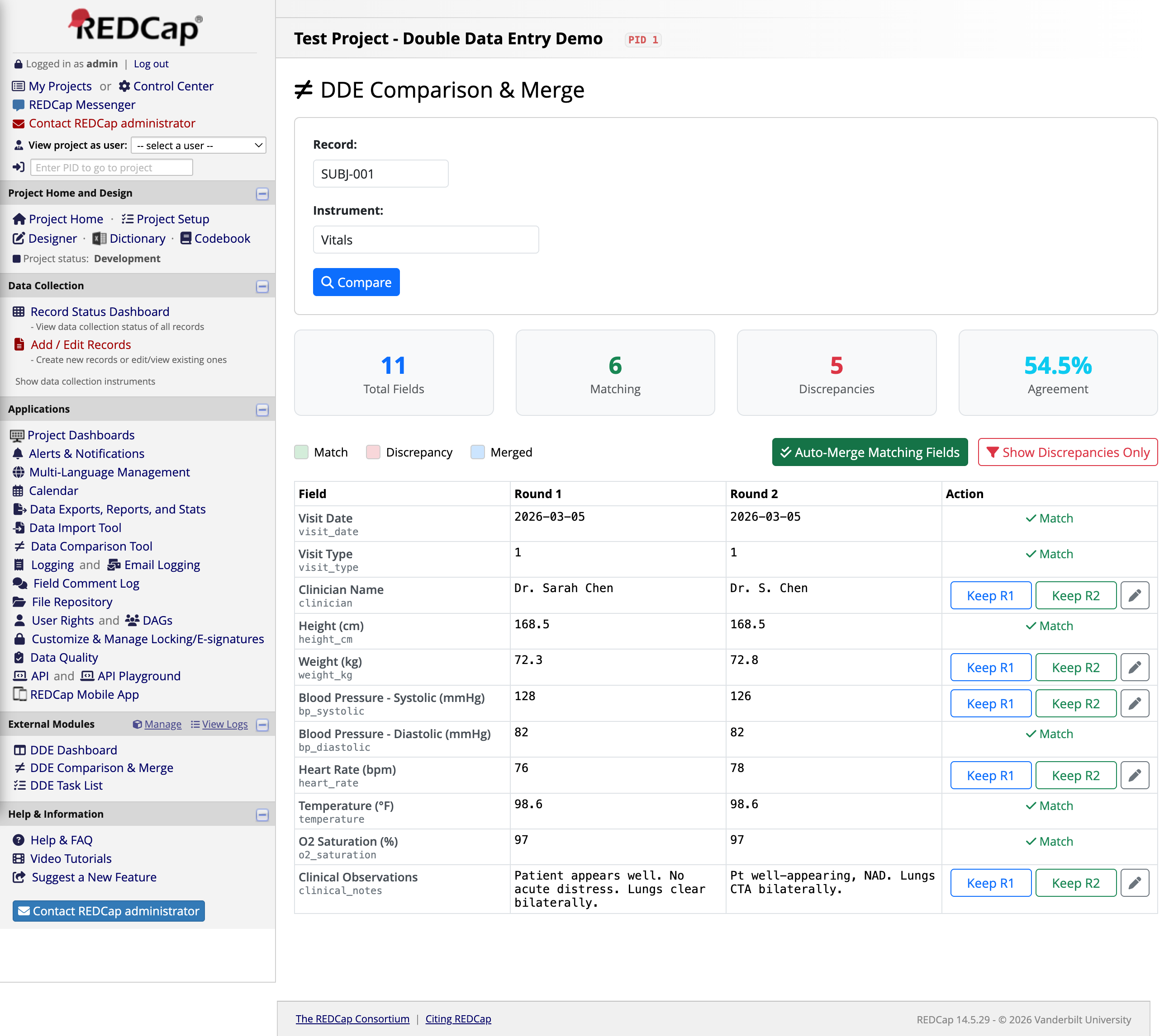 After auto-merge: matching fields show Match checkmarks, discrepancies still need resolution