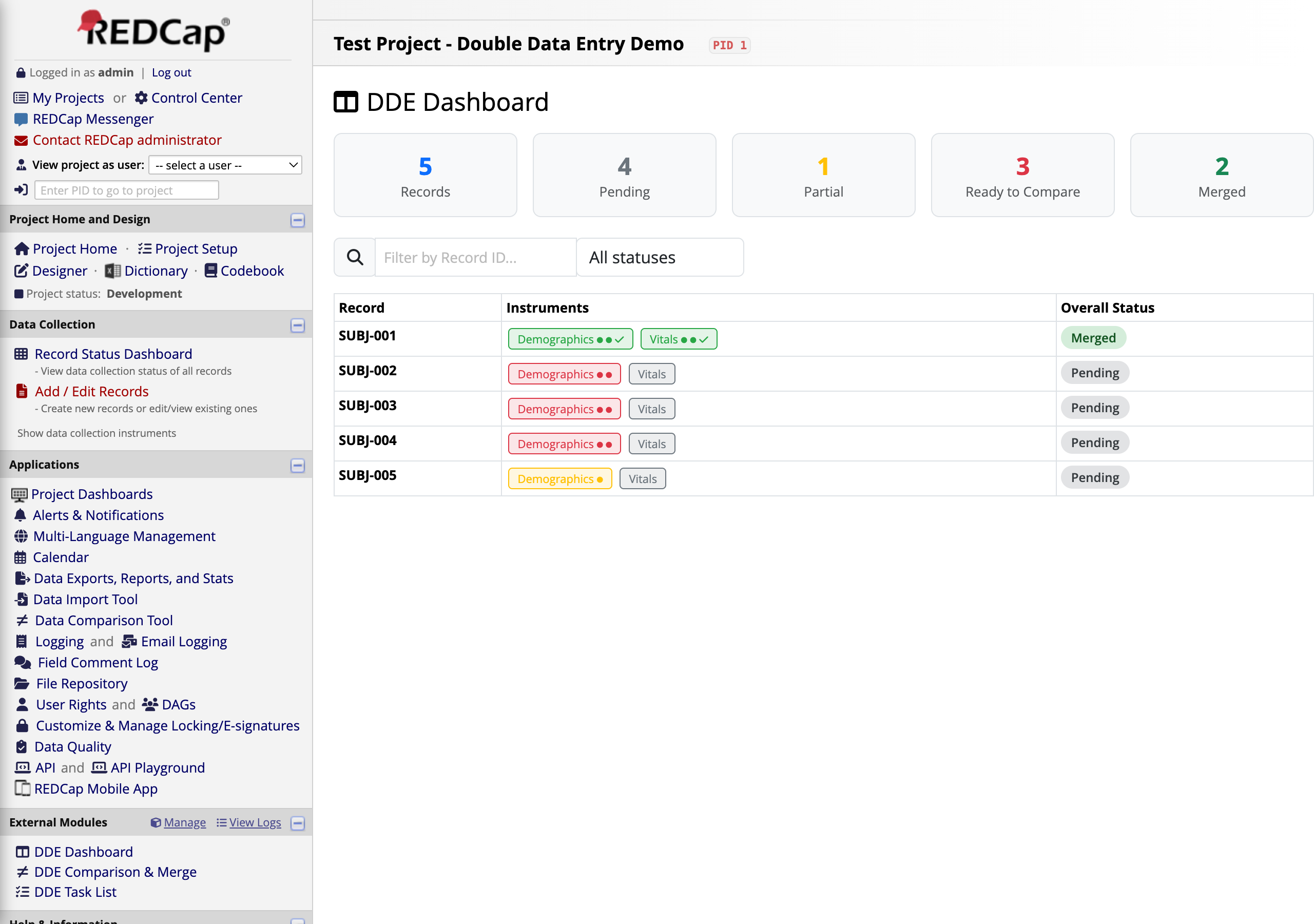 Final dashboard showing SUBJ-001 with Merged status